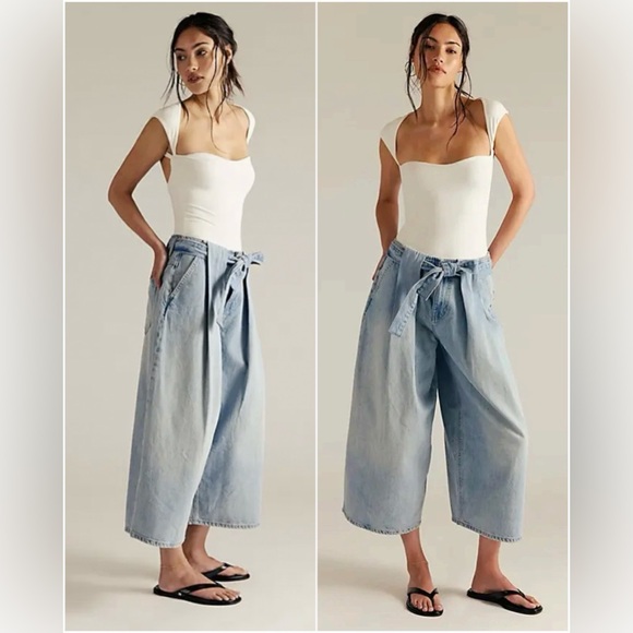 We The Free Denim - We The Free Light Wash Wide-Leg Tie Waist Jeans